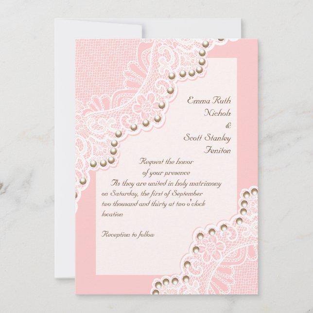 Invitación Elegante encaje blanco con perlas boda rosa (Anverso)