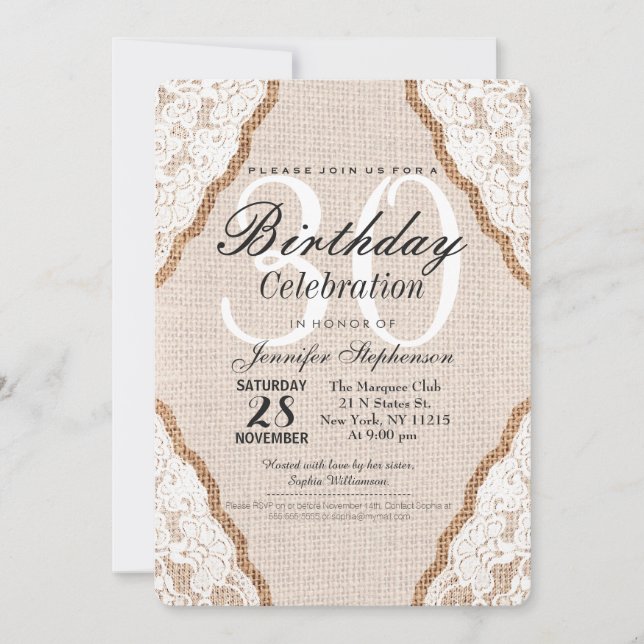 Invitación Elegante encaje blanco en Burlap Jute (Anverso)