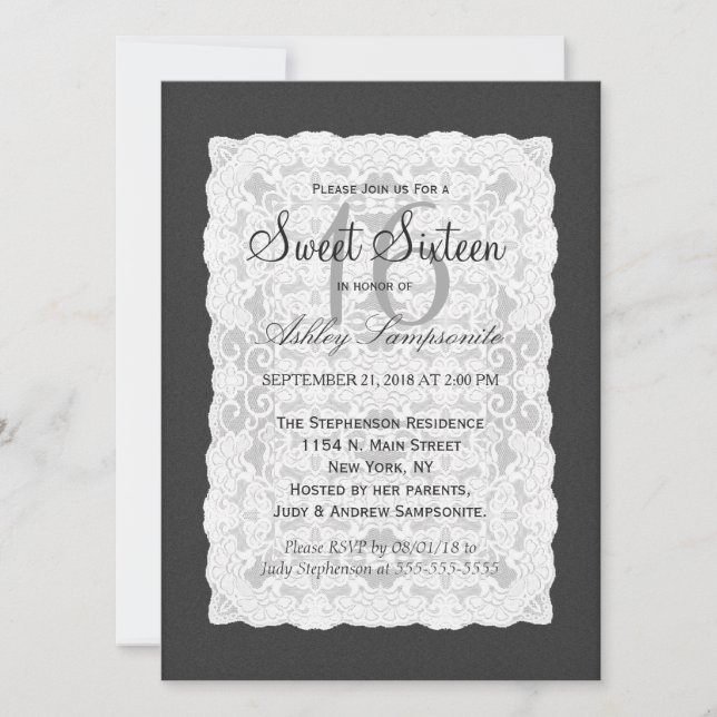 Invitación Elegante encaje blanco sobre negro (Anverso)