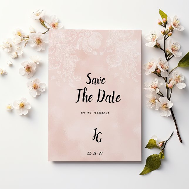 Invitación Elegante encaje de flores blancas de melocotón Sal (Elegant peach white flower lace Save The Date)