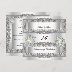 Invitación Elegante encaje de perla plateada blanca del 25 an