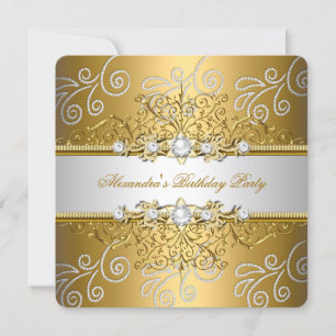 Invitación Elegante Encaje de Plata y Oro con Superposición d