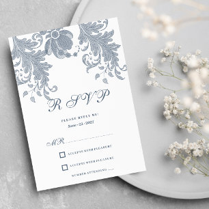 Invitación Elegante encaje floral azul mauche blanco RSVP