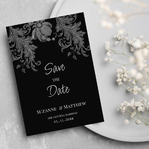 Invitación Elegante encaje floral blanco y negro Guardar la f