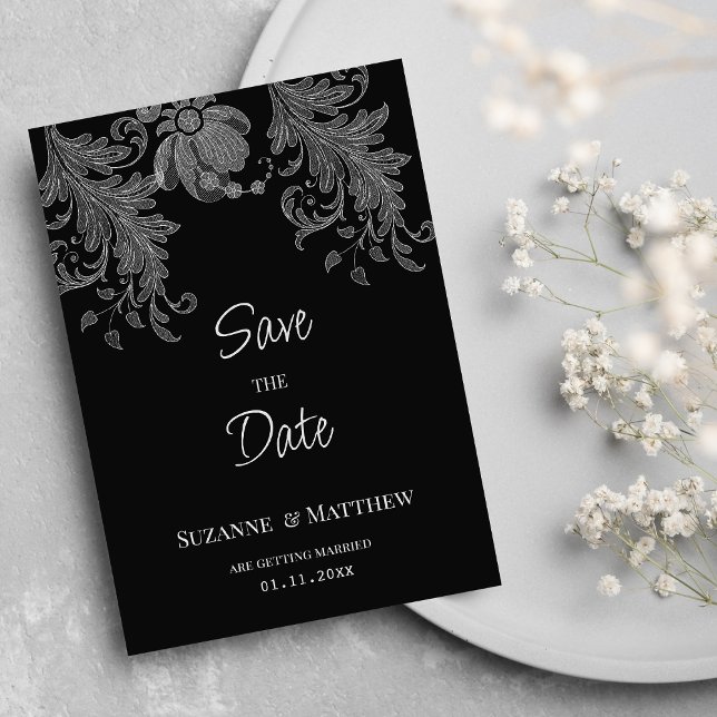 Invitación Elegante encaje floral blanco y negro Guardar la f (Elegant black and white floral lace Save the Date)