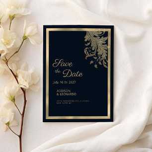 Invitación Elegante encaje floral dorado azul marino Save the