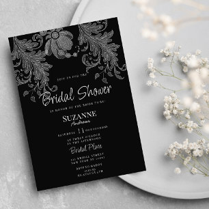 Invitación Elegante encaje floral negro y blanco Ducha Nupcia