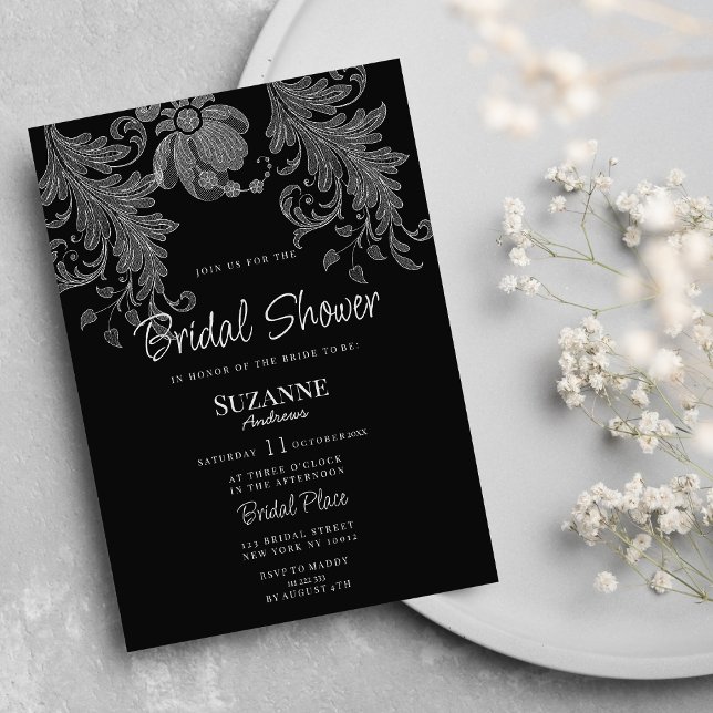 Invitación Elegante encaje floral negro y blanco Ducha Nupcia (Elegant black and white floral lace Bridal Shower)