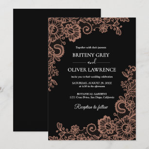 Invitación Elegante encaje floral negro y oro rosa para boda
