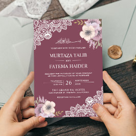 Invitación Elegante Encaje Floral Rosa Islámico Musulmán Boda