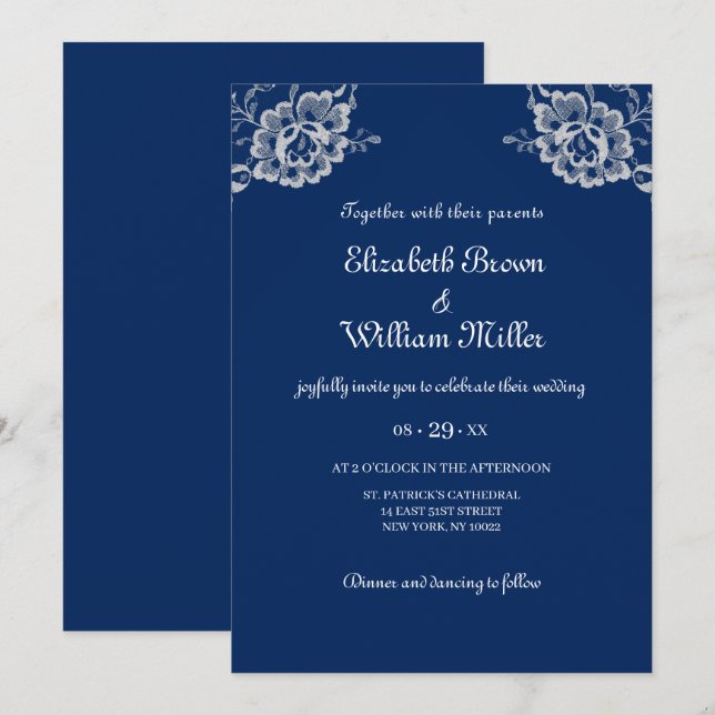 Invitación Elegante encaje floral sobre Boda azul de la marin (Anverso / Reverso)