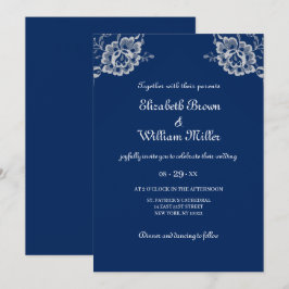 Invitación Elegante encaje floral sobre Boda azul de la marin
