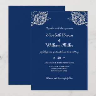 Invitación Elegante encaje floral sobre Boda azul de la marin