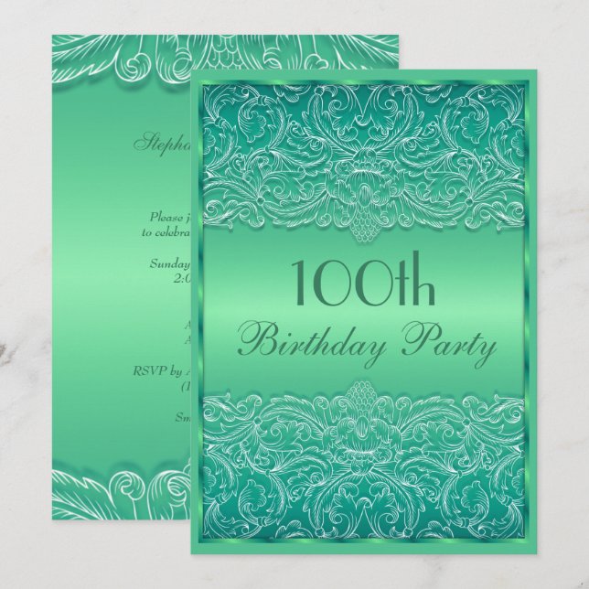 Invitación Elegante encaje francés verde cumpleaños 100 (Anverso / Reverso)