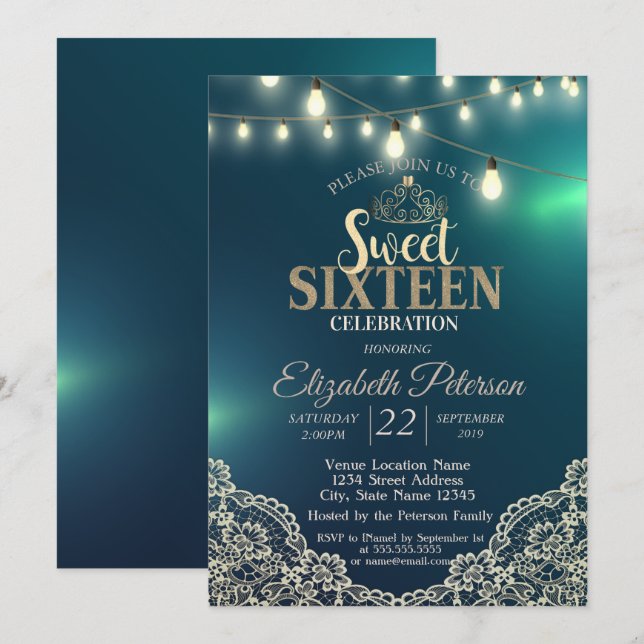 Invitación Elegante encaje, luces, tiara, dulce 16 Fiesta (Anverso / Reverso)