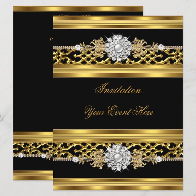 Invitación Elegante Encaje Negro Joyas Doradas (Anverso / Reverso)