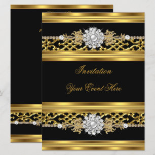 Invitación Elegante Encaje Negro Joyas Doradas