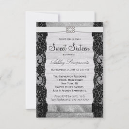 Invitación Elegante encaje negro, madera rústica y diamantes