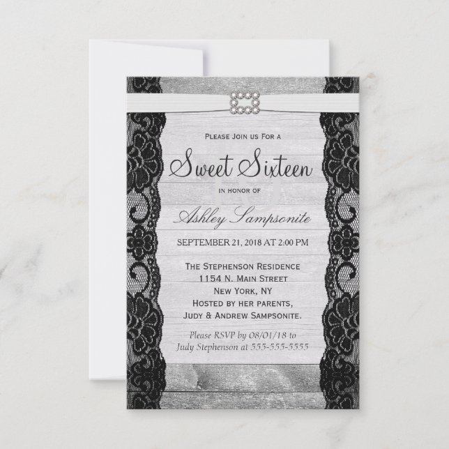 Invitación Elegante encaje negro, madera rústica y diamantes (Anverso)