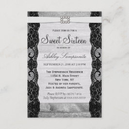 Invitación Elegante encaje negro, madera rústica y diamantes