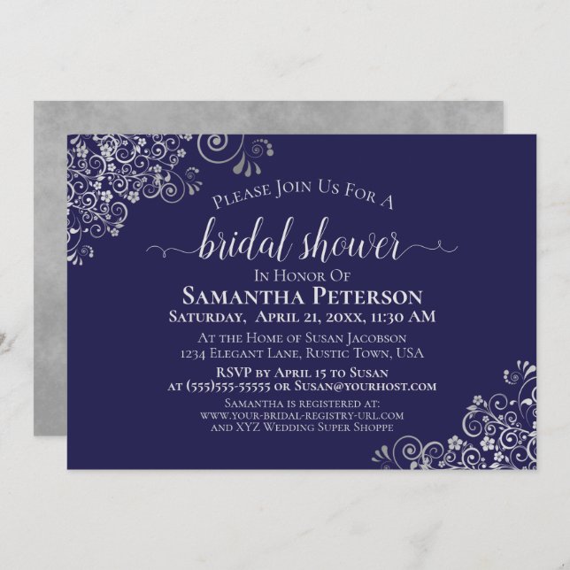 Invitación Elegante encaje plateado en ducha de novia azul de (Anverso / Reverso)