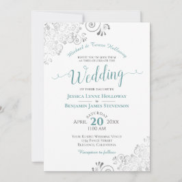 Invitación Elegante encaje plateado y Verde azulado Boda blan