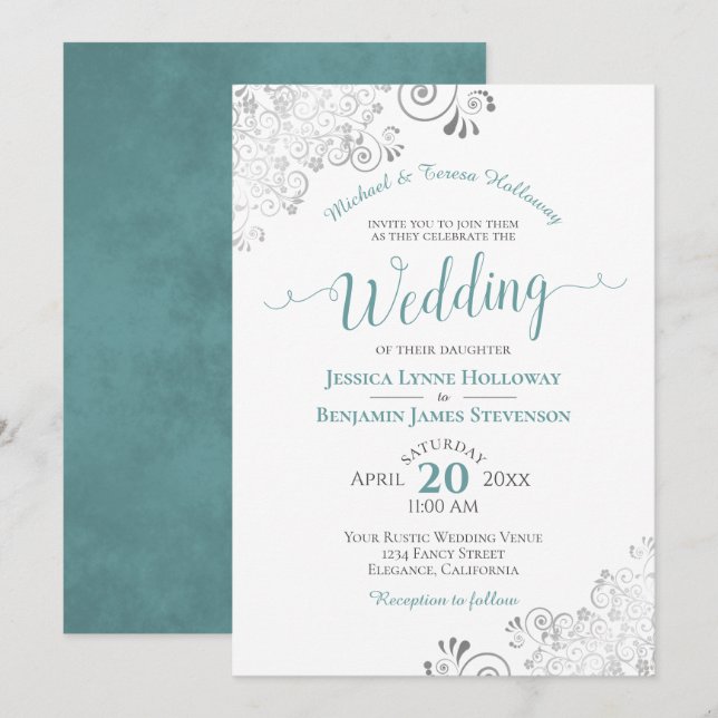 Invitación Elegante encaje plateado y Verde azulado Boda blan (Anverso / Reverso)
