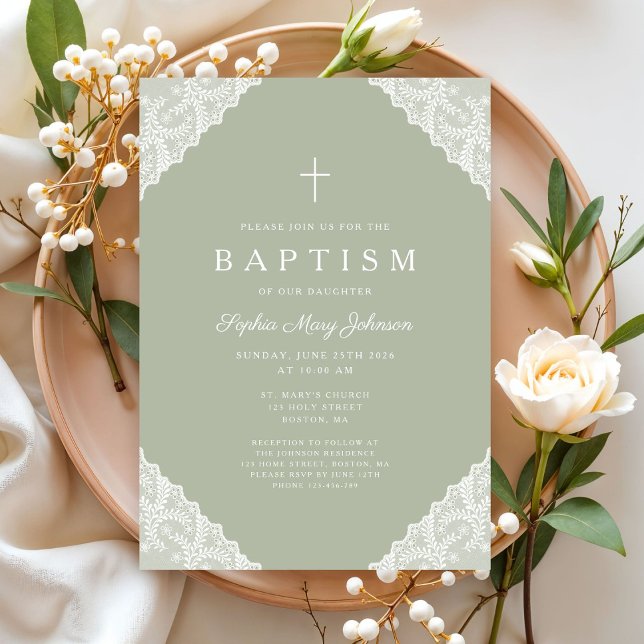 Invitación Elegante encaje verde salvia Bautizo (Elegant Lace Sage Green Baptism Invitation)