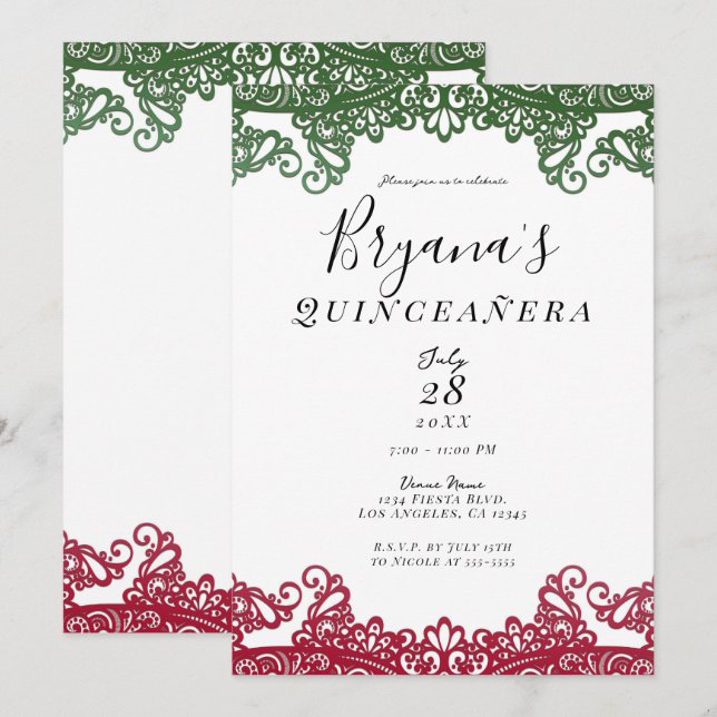 Invitación Elegante encaje verde y rojo 15 Fiesta de Quinceañ (Anverso / Reverso)