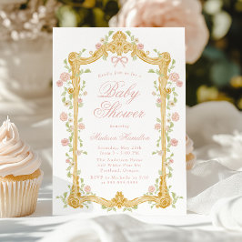 Invitación Elegante Encantado Marco Floral Rosa Baby Shower