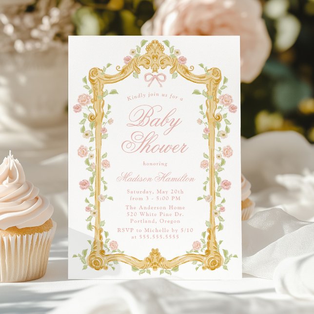 Invitación Elegante Encantado Marco Floral Rosa Baby Shower (Subido por el creador)