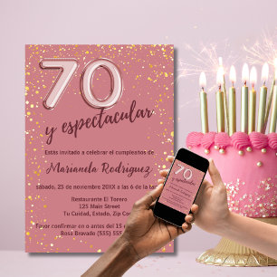Invitación Elegante Encantadora Rosa Dorada 70 Cumpleaños Esp