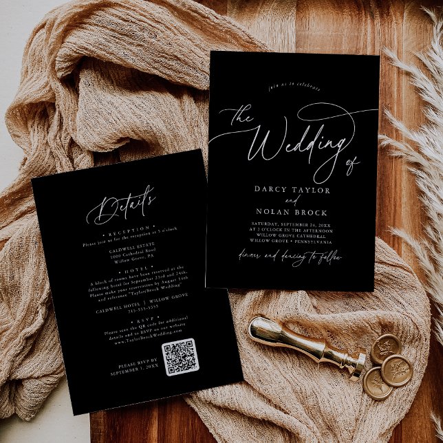 Invitación Elegante encanto para la boda negra con RSVP (Elegant Charm Black Wedding Invitations with RSVP)