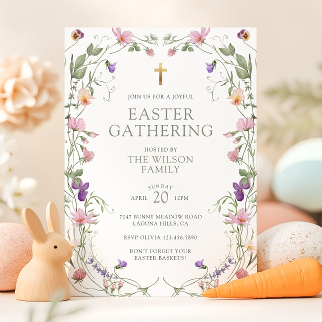 Invitación Elegante encuentro de Wildflowers Gold Cross Easte (Subido por el creador)