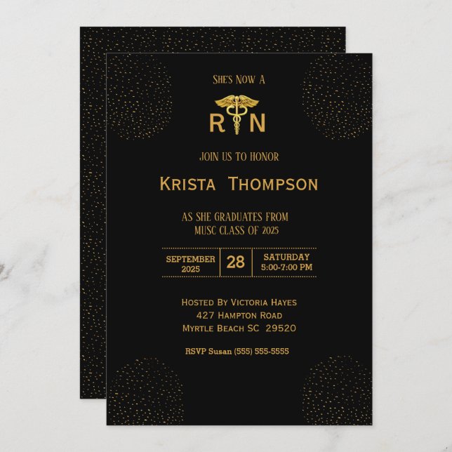 Invitación Elegante enfermera graduada Black Gold Inv (Anverso / Reverso)
