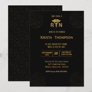 Invitación Elegante enfermera graduada Black Gold Inv