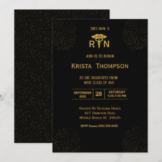Invitación Elegante enfermera graduada Black Gold Inv