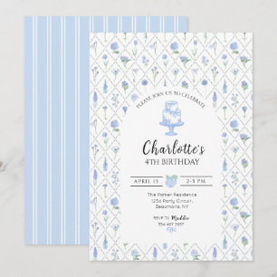 Invitación Elegante enrejado floral azul y verde