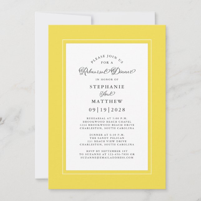 Invitación Elegante ensayo Boda amarillo de moda Cena (Anverso)