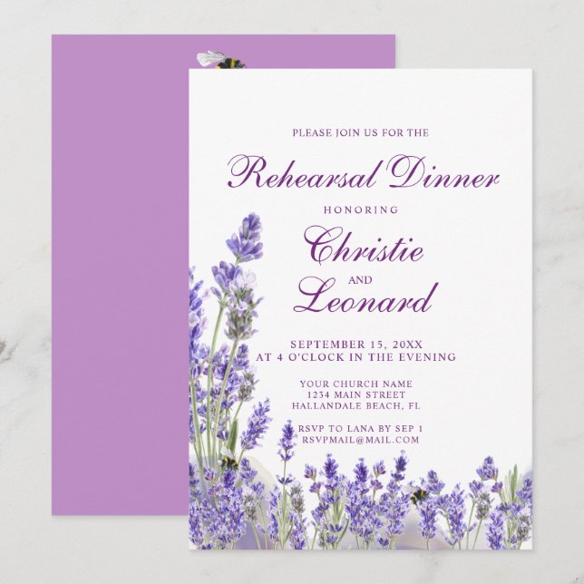 Invitación Elegante ensayo Boda de flores de luciérnaga morad (Anverso / Reverso)