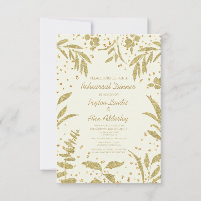 Invitación Elegante ensayo Boda de hojas de oro Purpurina (Anverso)