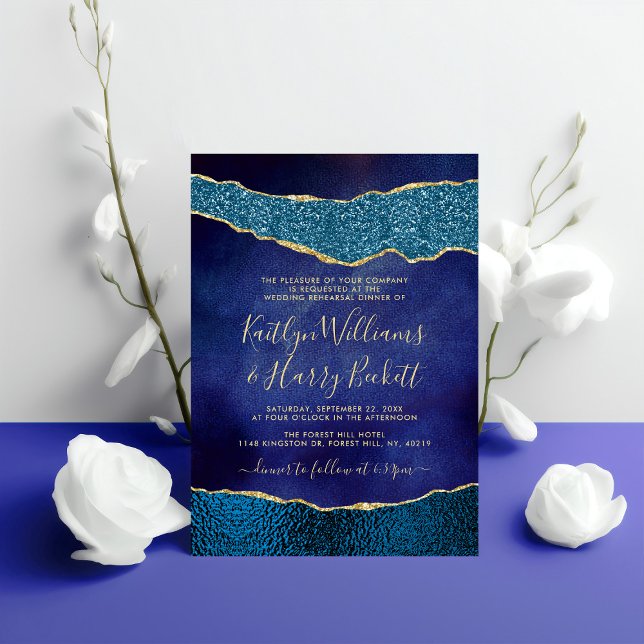 Invitación Elegante ensayo Boda de la Marina Azul y Oro Agate (Subido por el creador)