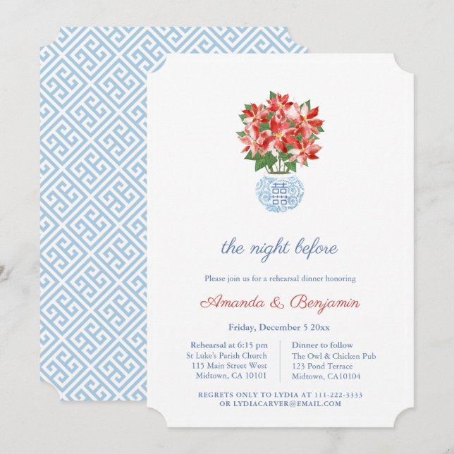 Invitación Elegante ensayo Boda de Navidades de Poinsettia Ro (Anverso / Reverso)
