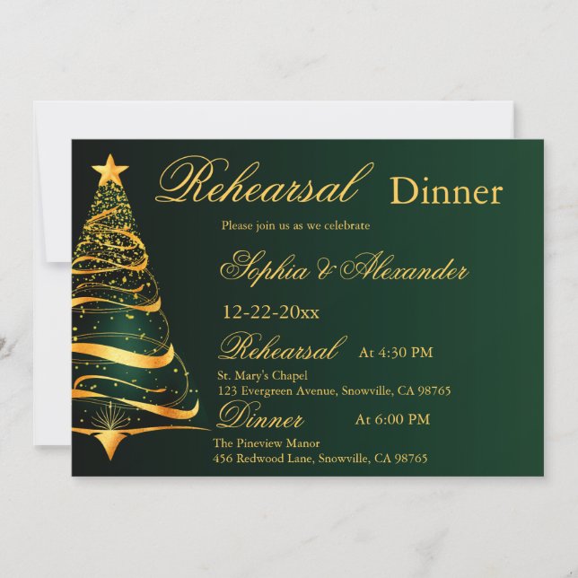 Invitación Elegante ensayo boda del árbol de Navidad dorado (Anverso)