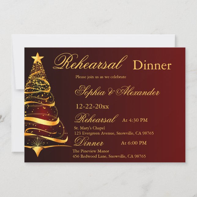 Invitación Elegante ensayo boda del árbol de Navidad dorado (Anverso)