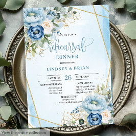 Invitación Elegante ensayo Boho Dusty Blue Floral Gold