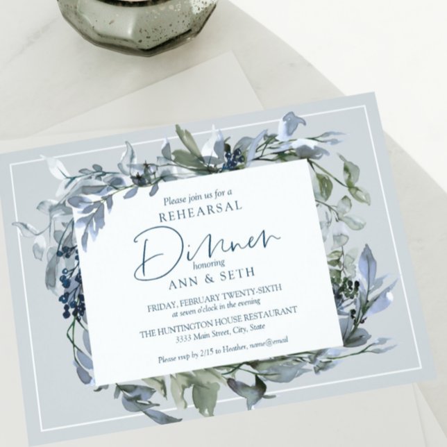 Invitación Elegante ensayo Cena Floral Azul Wreath (Subido por el creador)