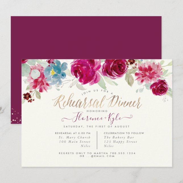 Invitación Elegante ensayo Cena Mint Berries (Anverso / Reverso)