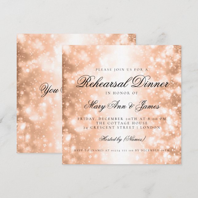 Invitación Elegante ensayo Cena Rosa Luces de verano dorado (Anverso / Reverso)
