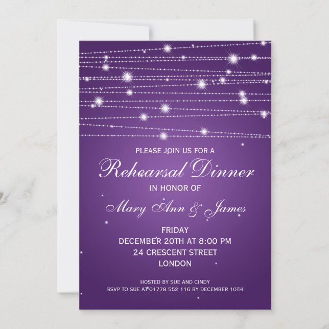 Invitación Elegante ensayo Cena Sparkling Lines Purple (Anverso)